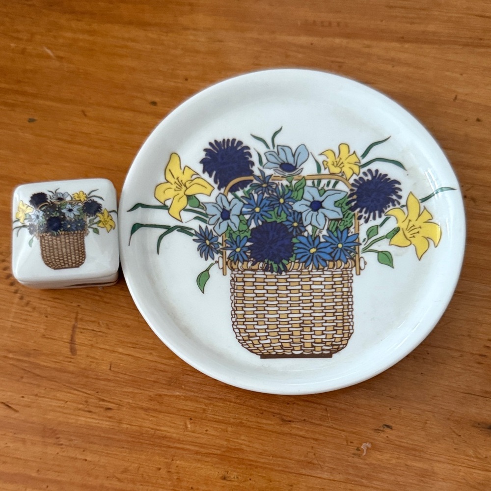 Nantucket handmade G.S. Hill  Basket Ceramic Plate and Trinket Box Set
